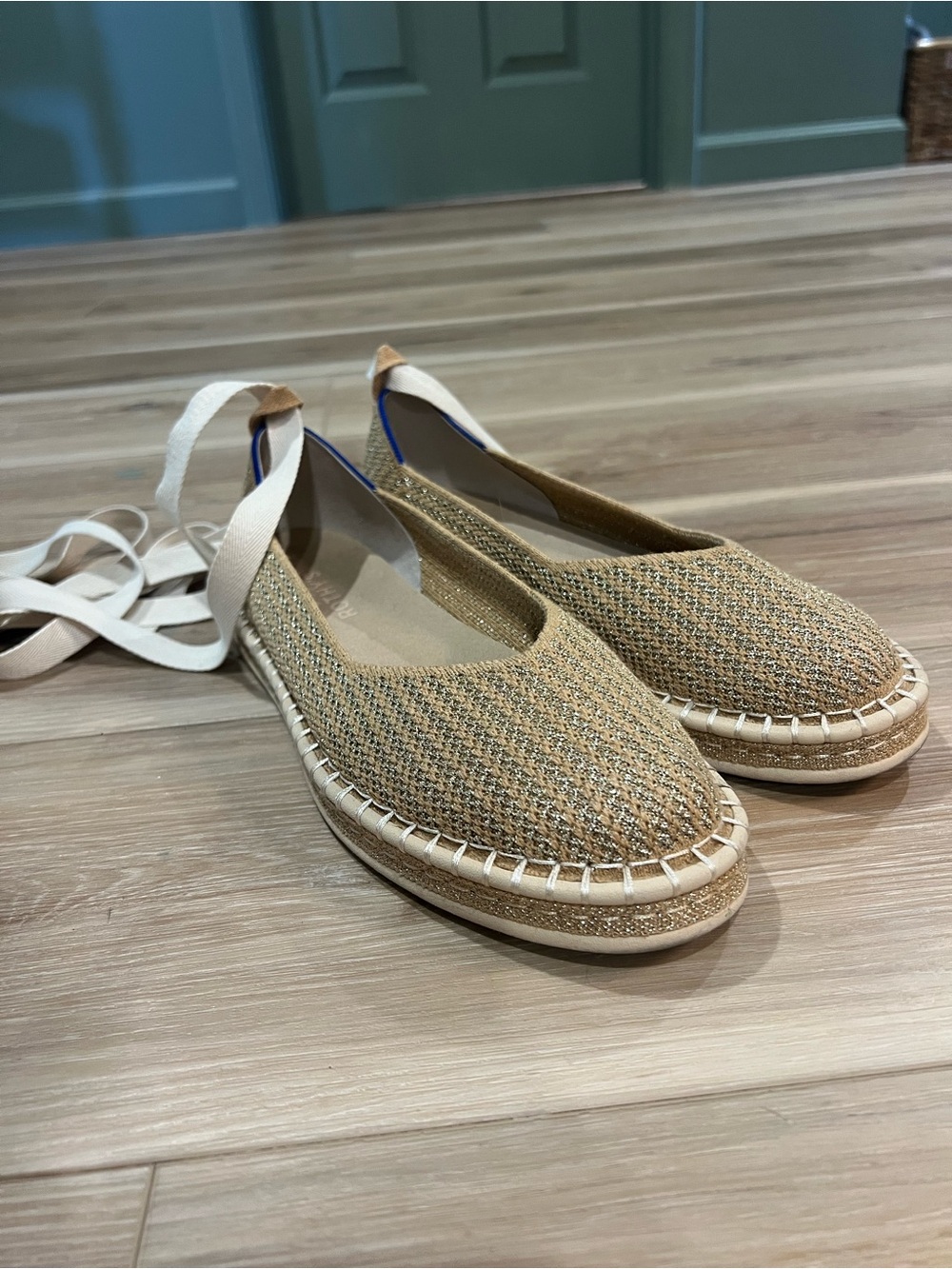 Rothy's Tan Woven Espadrille Flats with Cream Ties
